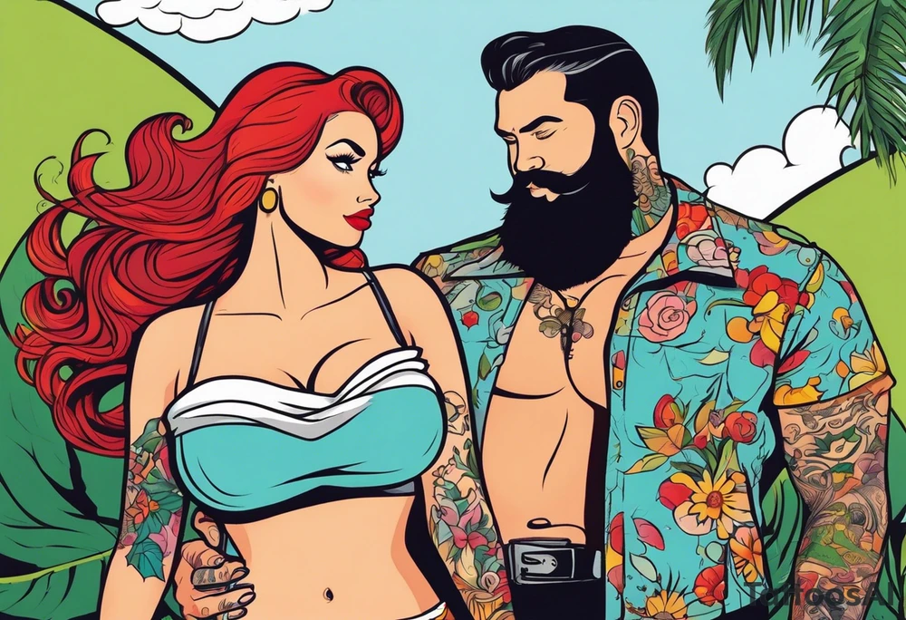 Busty Red haired woman with black haired bearded man tattoo idea