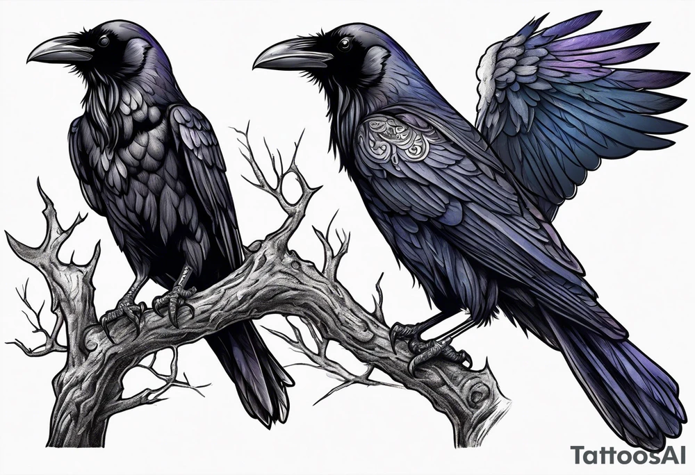 Evil Raven standing  on a tree branch tattoo idea