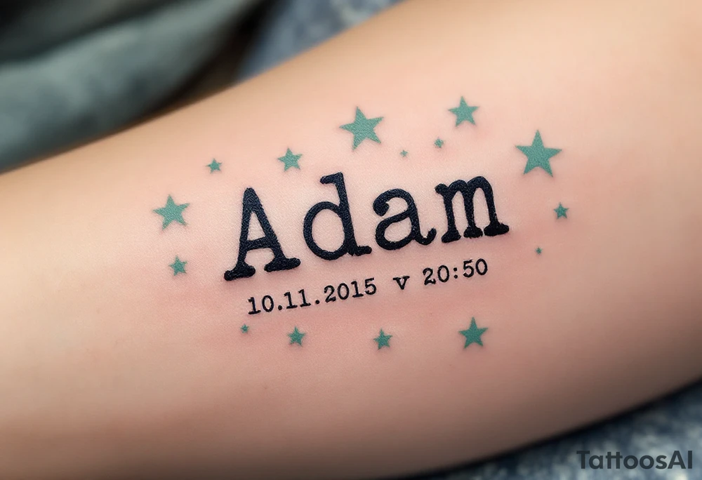 "Adam" written in typewriter font above 10.11.2015 v 20:50, with soft sage green stars around it. tattoo idea