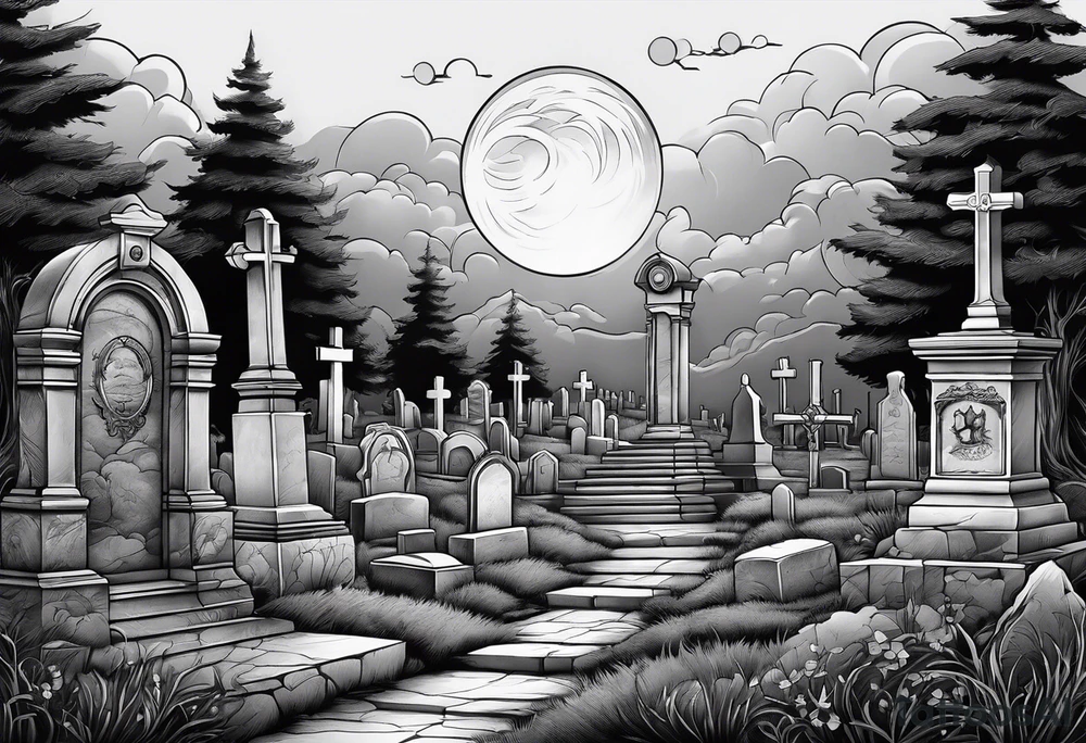 Cemetery on hills with smoke and moon tattoo idea