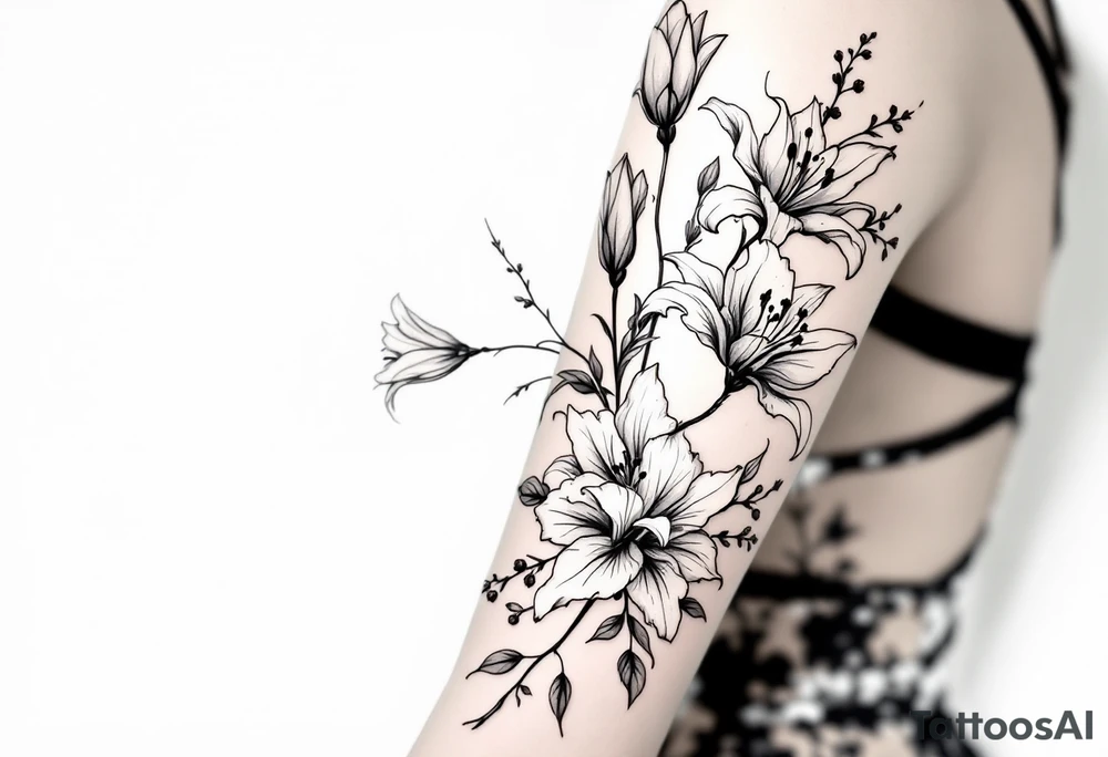 flower arrangement with spider lilies, tulip, lilies, cherry blossom tattoo idea