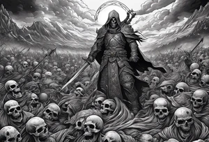 Necromancer raising an army of the dead from dead bodies on a battlefield tattoo idea