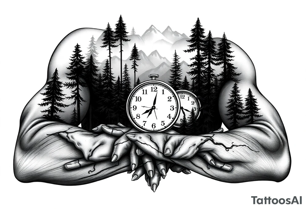 Forest landscape with three clocks with dates tattoo idea