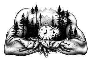 Forest landscape with three clocks with dates tattoo idea