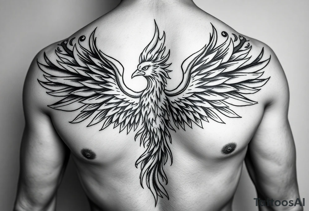Realistic and symmetrical flaming Phoenix rebirth with spread low wings mapped onto chest
Phoneix head must be straight and symmetrical 
Fire should be surrounding spread wings
Wings should be spread low only on chest muscle tattoo idea