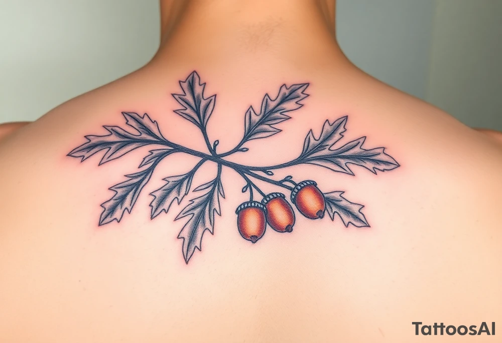 oak branch with thick leaves and acorns tattoo idea