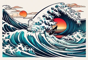 japanese wave mixed in celtic patterns equally. surfer. kamikaze plane tattoo idea