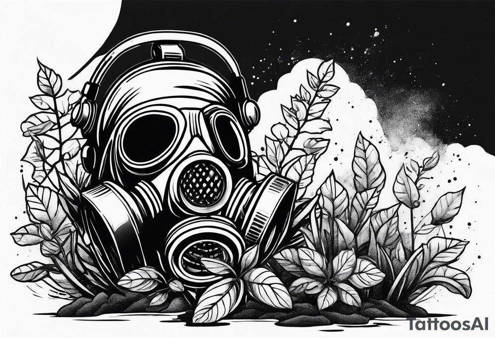 a dying plant in dirt with a gasmask next to it tattoo idea