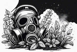 a dying plant in dirt with a gasmask next to it tattoo idea