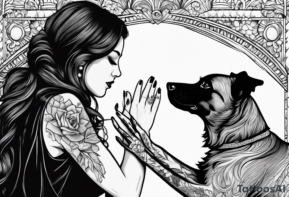 female dog reaching for the hand of a woman and she from back tattoo idea