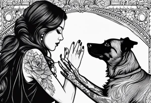 female dog reaching for the hand of a woman and she from back tattoo idea