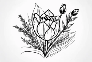tulip and indian paintbrush flowers in a bouquet with pine branch and willow branch. minimalist, simple bouquet. small. tattoo idea
