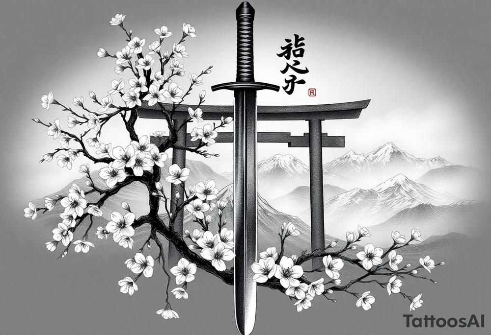 This is a black and gray realism tattoo rooted in discipline, duality, and intention. The centerpiece is a vertical katana, modeled after your original ink, clean and upright like a spine—symbolizing focus, precision, and grounded energy. It’s wrapped in the flowing limbs of a sakura tree, not as an accessory, but as an extension of the blade itself—representing beauty that blooms in adversity. Cherry blossoms aren’t scattered for aesthetics—they move with the wind, some drifting in the foreground, others clinging to the sword like it’s their protector. Behind it all sits a misty torii gate and layered mountains, giving the piece weight, history, and spiritual context. The kanji 平和の剣 (“Sword of Peace”) rides the piece vertically, not slapped on but earned—a message that resonates from the blade outward. The shading is deep and unifying, giving everything one breath, one tone, one story. Nothing floats, nothing competes. The sword doesn’t dominate the art—it becomes the axis around which peace, nature, and power orbit. tattoo idea