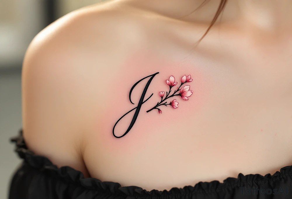 Classic script "J" in fine-line black ink, paired with a delicate pink cherry blossom. tattoo idea