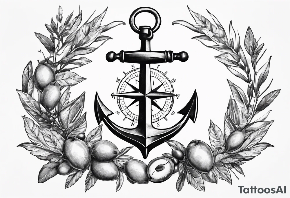 A selucid style anchor in front of a compass and a olive branch wreathe wrapped around the compass tattoo idea