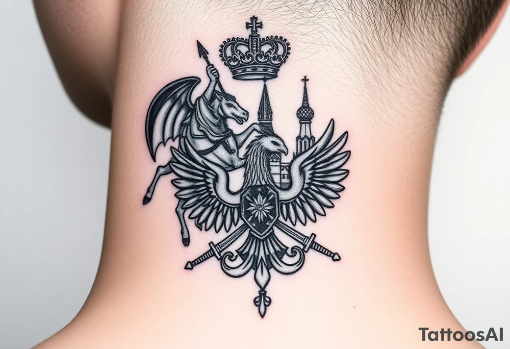 St. George slaying the dragon (hugely common in Russian Orthodox art)
Russian imperial crown above the eagle
Crossed swords or a Russian sabre
The Kremlin or St. Basil's Cathedral scene tattoo idea