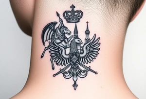 St. George slaying the dragon (hugely common in Russian Orthodox art)
Russian imperial crown above the eagle
Crossed swords or a Russian sabre
The Kremlin or St. Basil's Cathedral scene tattoo idea