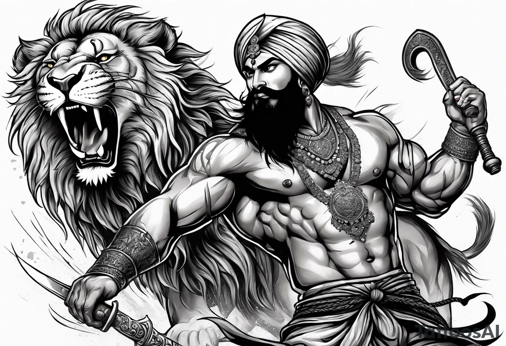 Sikh warrior fighting a lion with full anger tattoo idea