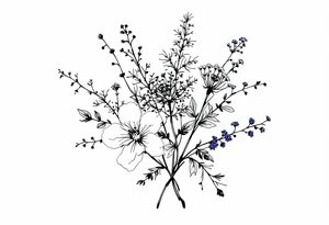 Beautiful Bouquet made up of Heather, pansy, oak, queen Anne’s lace, and honeysuckle. tattoo idea