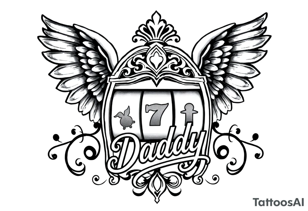 Slot machine with angel wings and word Daddy tattoo idea