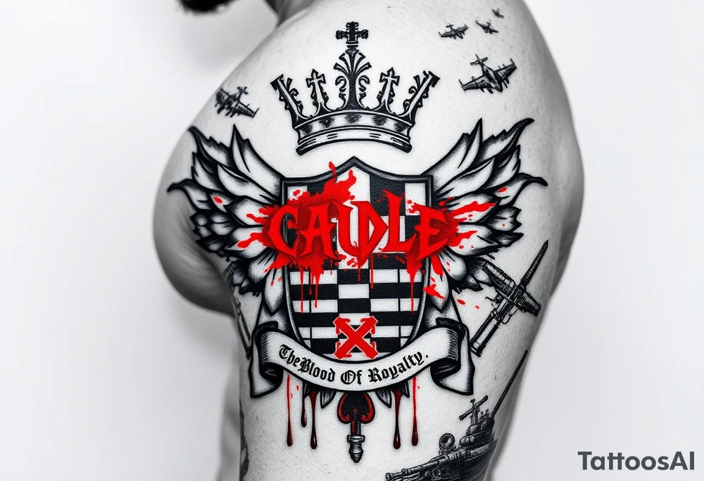 Men Doom Crest  with A Giant King Crown, CAUDLE written inside red, a chessboard, blood splatter on top of two  racing flags & OTF inside, The Words The Blood Of Royalty in red underneath the crest & 🌍 symbol in red outside of the crest, And raining blood drops, Jets/Airplanes/Helicopters/explosives flying above & Guns & Tanks & soldiers & knights plus ships tattoo idea