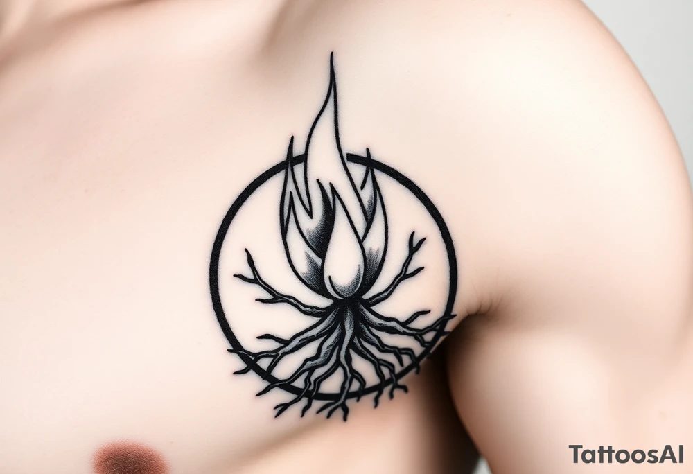 flame in a blooming roots circle tattoo idea