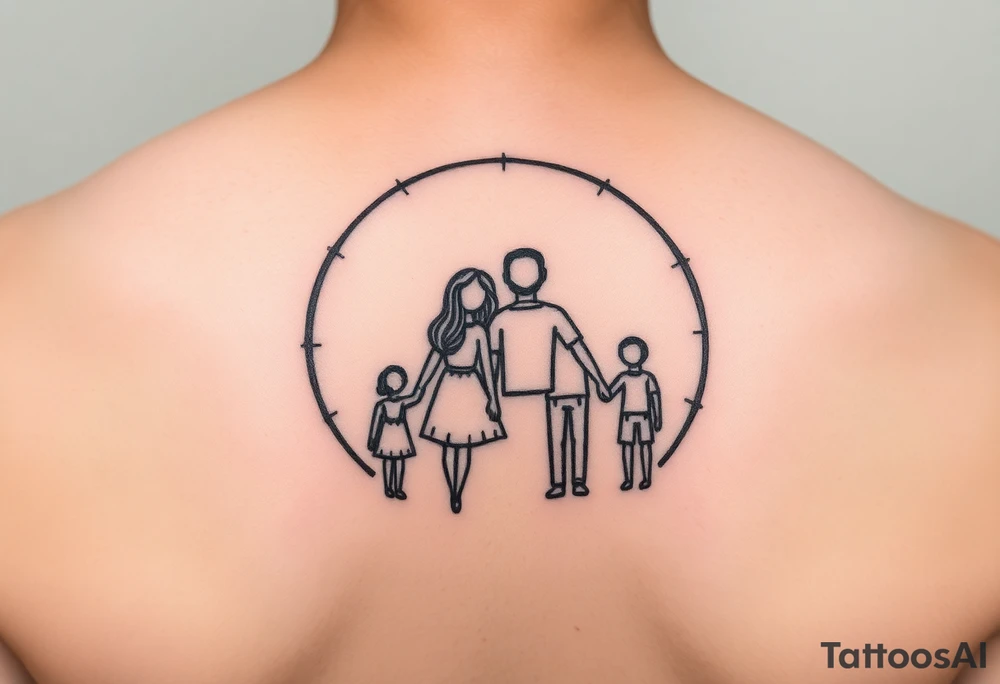 Stylised family symbolising two parents and two children touching their heads in a circle, closing off the rest of the world. tattoo idea