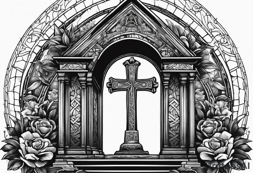 Tomb with cross and sun in the background tattoo idea