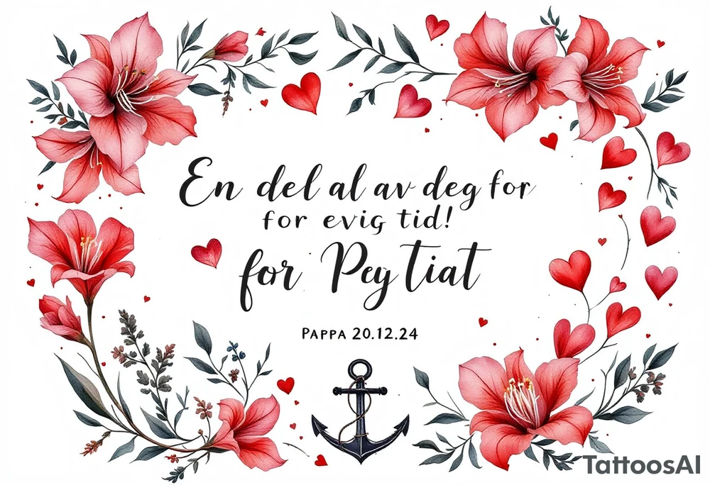 «En del av deg for evig tid!
Pappa 20.12.24» Surrounded by long gladiolus, hearts, notes and an anchor. tattoo idea