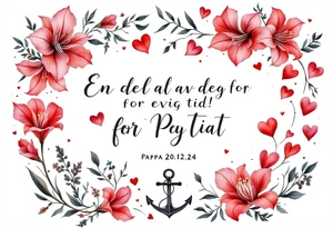 «En del av deg for evig tid!
Pappa 20.12.24» Surrounded by long gladiolus, hearts, notes and an anchor. tattoo idea