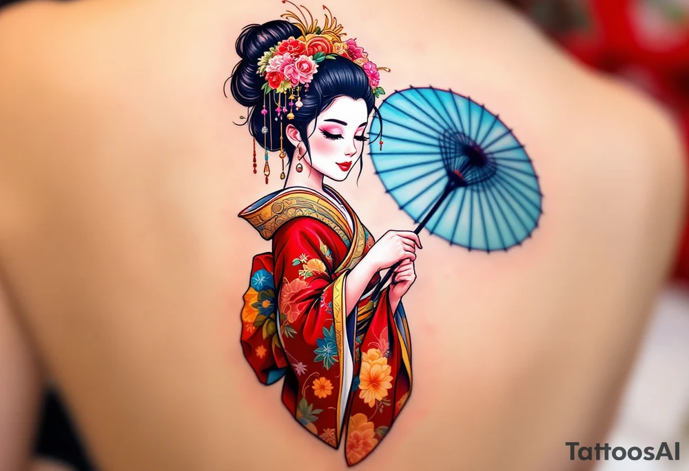 A traditional geisha in a vibrant red and gold kimono holding a delicate blue parasol. tattoo idea