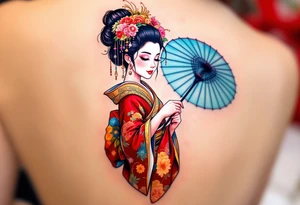 A traditional geisha in a vibrant red and gold kimono holding a delicate blue parasol. tattoo idea