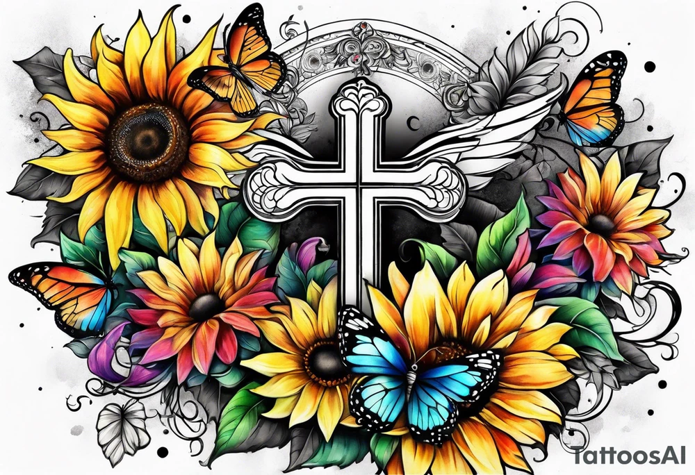 arm sleeve with winged cross, rainbow sunflowers and butterflies tattoo idea