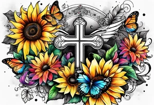 arm sleeve with winged cross, rainbow sunflowers and butterflies tattoo idea