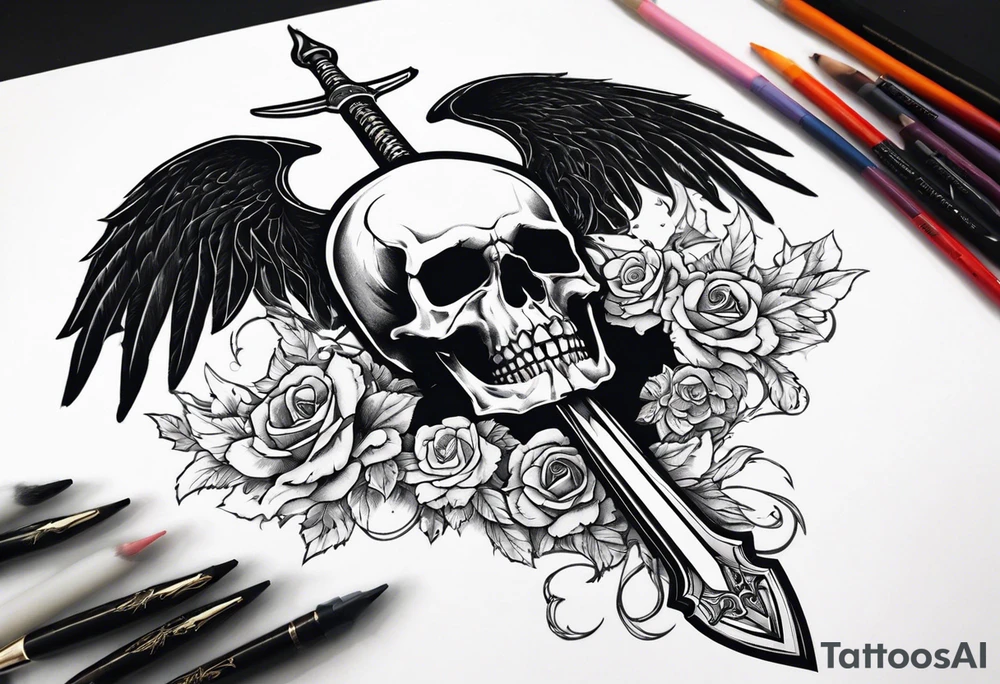 In the center is a half skull pierced by a large sword. On either side of the skull, there are spread angel wings, creating an impression of protection and majesty. Beneath the skull is a ribbon that weaves through both the skull and the sword tattoo idea