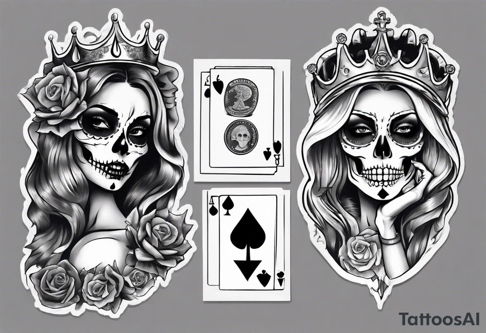 santa la muerta with money and crown
on card tattoo idea