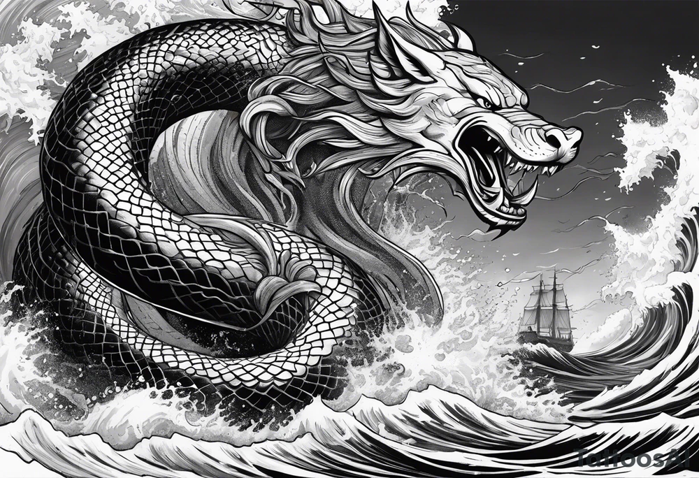 Thor fighting Jormungandr in the ocean in a typhoon tattoo idea