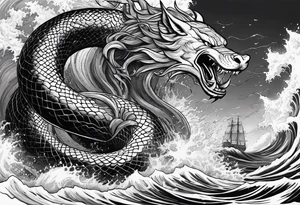 Thor fighting Jormungandr in the ocean in a typhoon tattoo idea