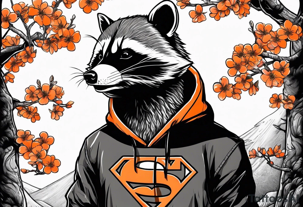 raccoon wearing a black and white Superman hoodie and orange Japanese cherry blossoms tattoo idea