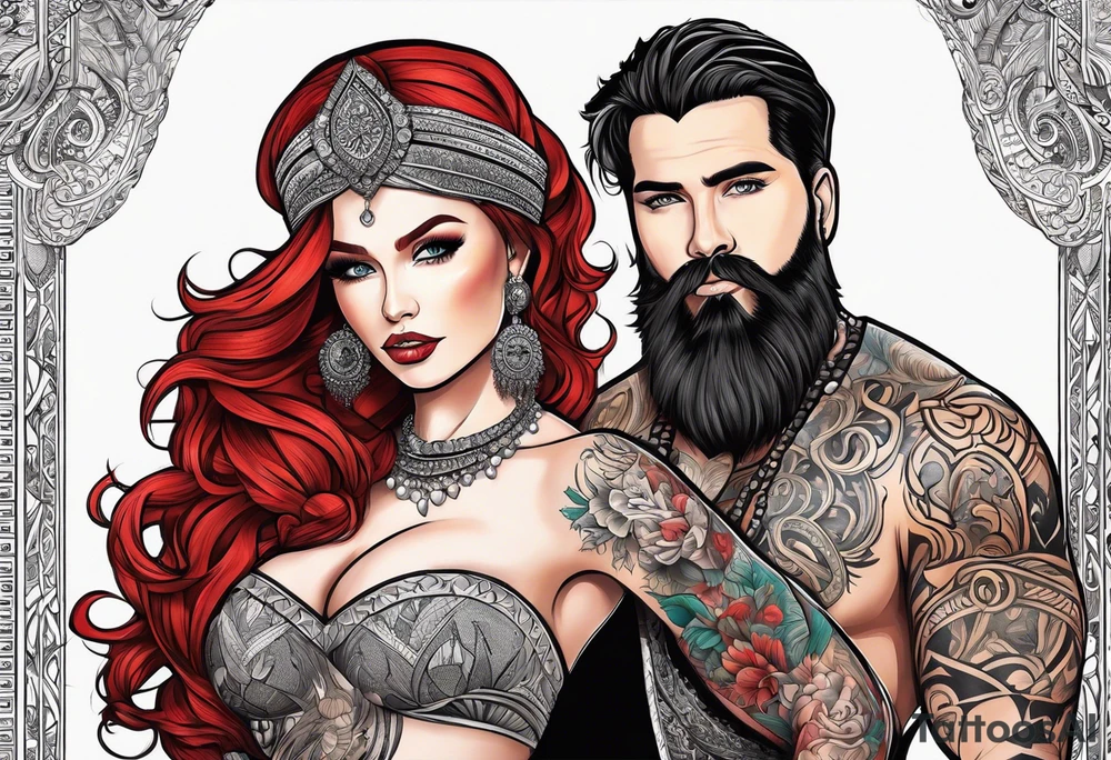 Busty red haired woman with a bearded man who has black hair tattoo idea