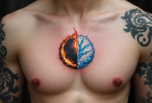 A small circle made of fire and ice: one half glowing orange-red, the other pale blue and white. tattoo idea