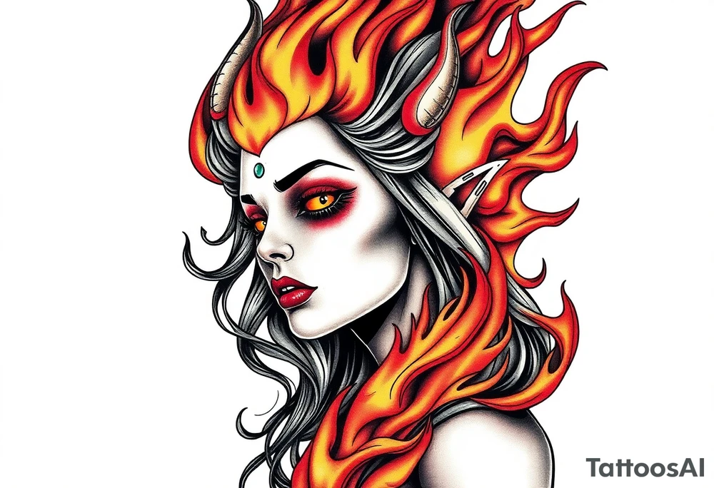 Evil young woman in the flame tattoo idea