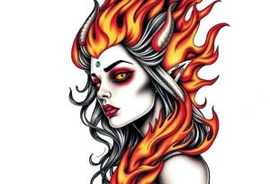 Evil young woman in the flame tattoo idea