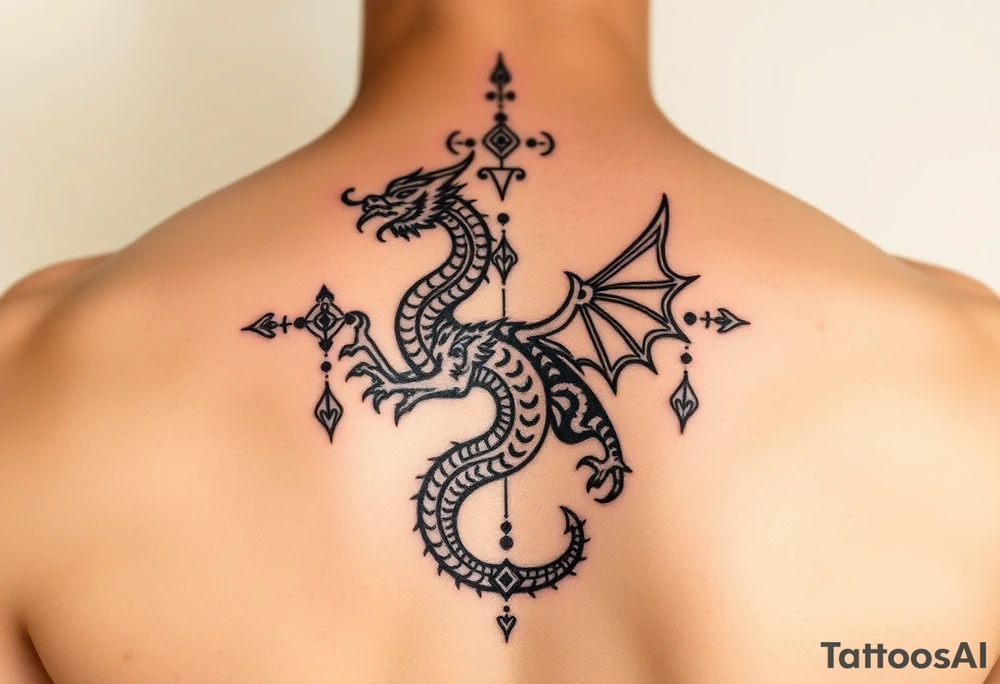 A symbolic back tattoo featuring a creative mystic tribal-style dragon, incorporating Amazigh (Berber) symbols for strength, freedom, and identity. The design should reflect themes of transformation, grounding, and soul direction, resonating with a journey of inner rebirth and spiritual embodiment. Style: fine linework, sacred geometry, tribal influence, and dotwork. Ink: black or dark brown. tattoo idea