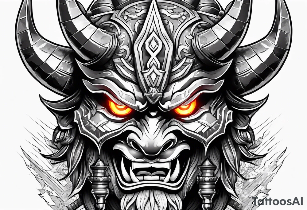 Oni mask with glowing eyes with two swords tattoo idea