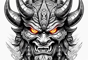 Oni mask with glowing eyes with two swords tattoo idea