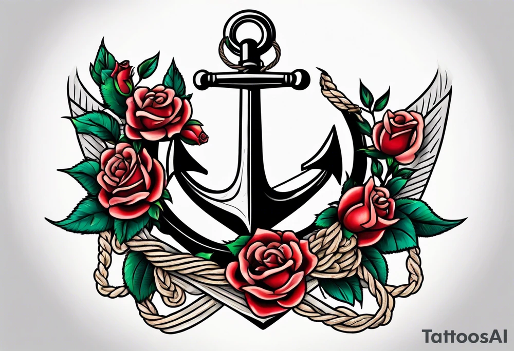 old school anchor with rope wrapped around anchor and banner across anchor and old school roses tattoo idea