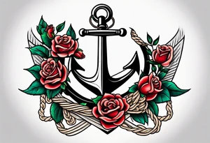 old school anchor with rope wrapped around anchor and banner across anchor and old school roses tattoo idea