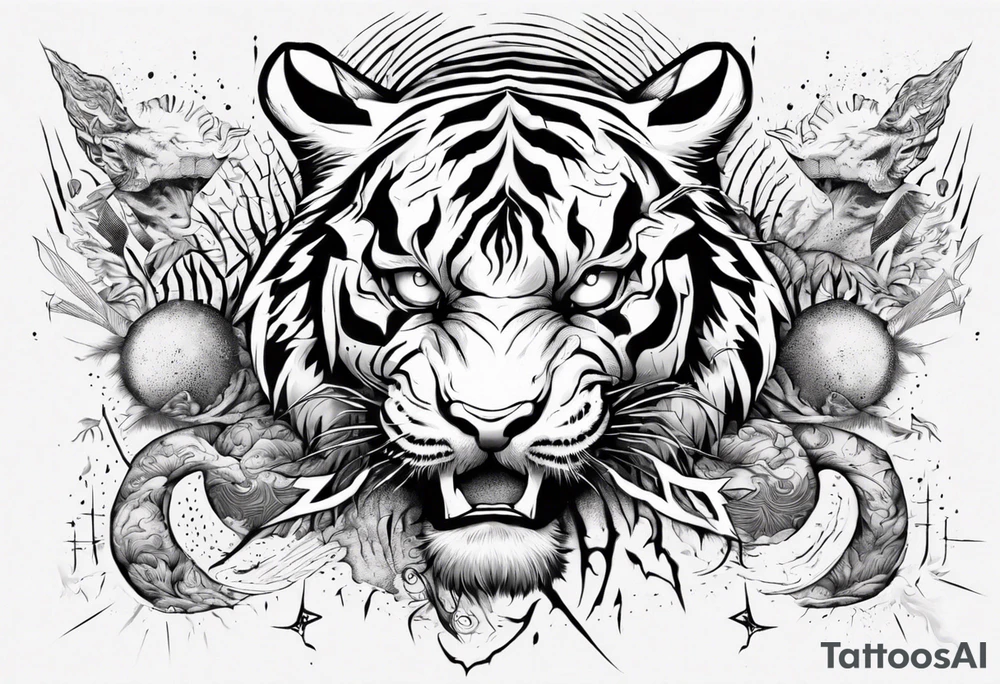 Ancient tiger with lightning and a sun for a forearm sleeve. With patterns surrounding it tattoo idea