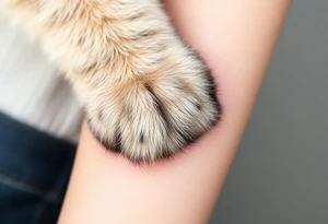A detailed cat paw with soft fur textures, using natural tones of cream, gray, and light brown for a delicate and cozy feel and heart tattoo idea